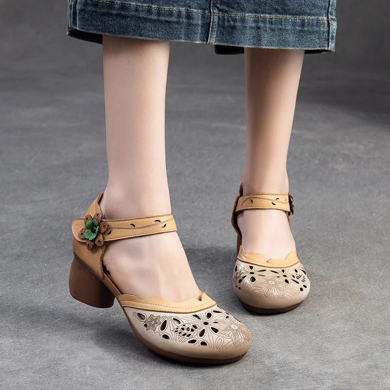 Women Sandals | Genuine Leather Thick Heels Sandals | Retro Style Round Toe Casual High Heel Doll Shoes