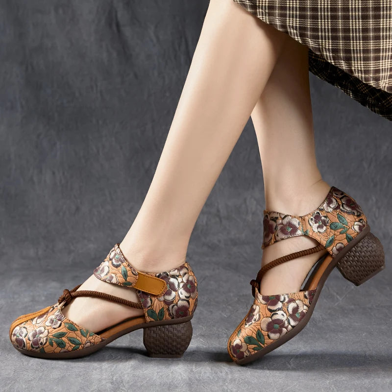 New Women Sandals | Genuine Leather Print | Thick Heels Sandals Retro Style Round Toe | Casual High Heel Shoes