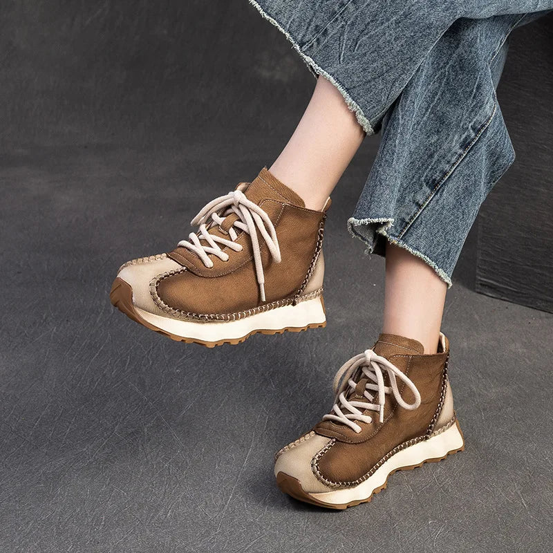 Genuine Leather Sneakers| Women Shoes Lace-up | Platform Flat Handmade Leisure Comfortable Ladies Shoes