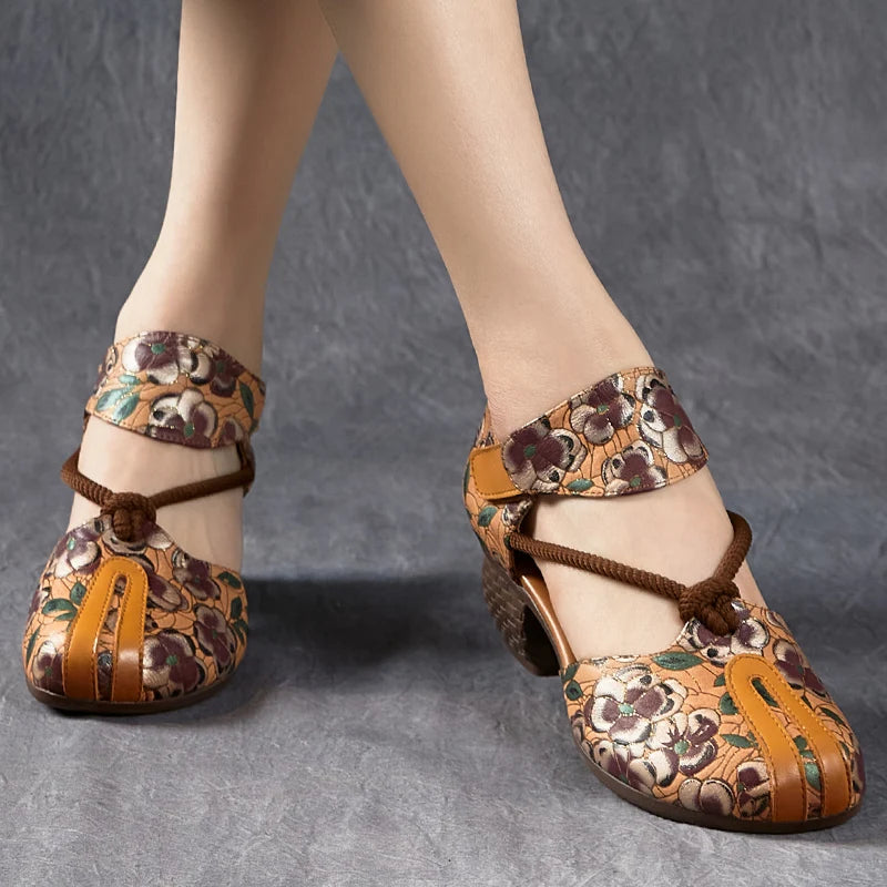New Women Sandals | Genuine Leather Print | Thick Heels Sandals Retro Style Round Toe | Casual High Heel Shoes