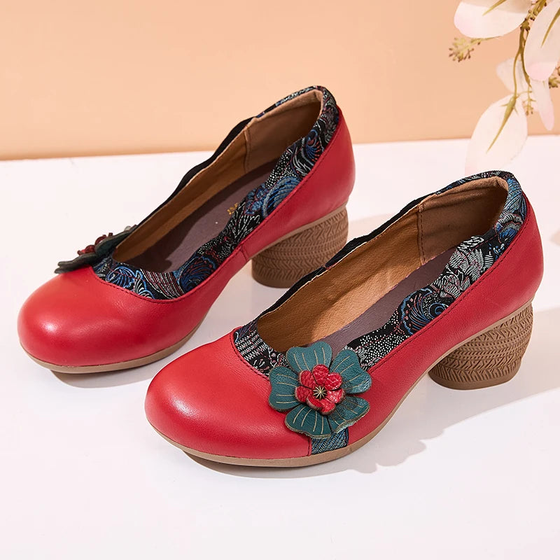 Spring Flower Genuine Cow Leather Shoes | Women Shoes Elegant Fashion Shoes
| Woman Retro Handmade Shoes High Heels