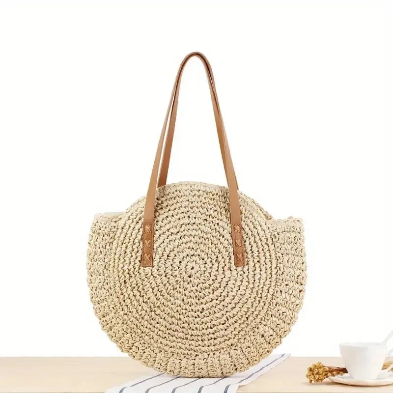 Hollow Woven Straw Bag | Round Shoulder Bag | Large Capacity Simple Round Woven Beach Bag