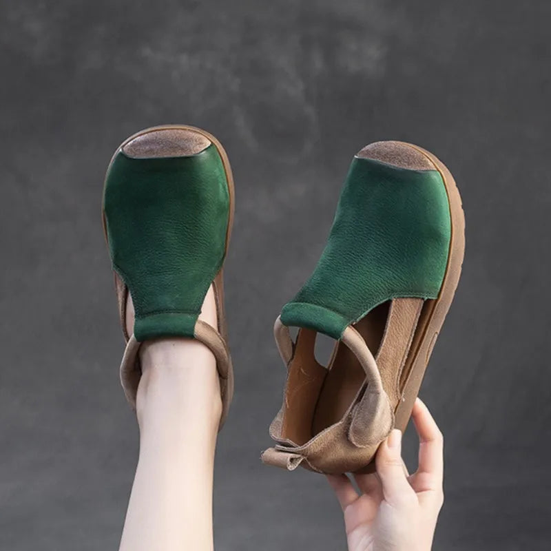 New Genuine Leather Sandals | Round Toe Hollow Retro Style Women's Shoes
