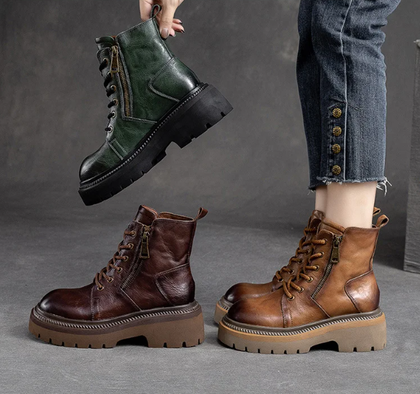 Coffee Cow Leather Quality Women Boots Autumn Winter Square Med Heel Ankle Boots Lace Up Zipper Ladies Pumps