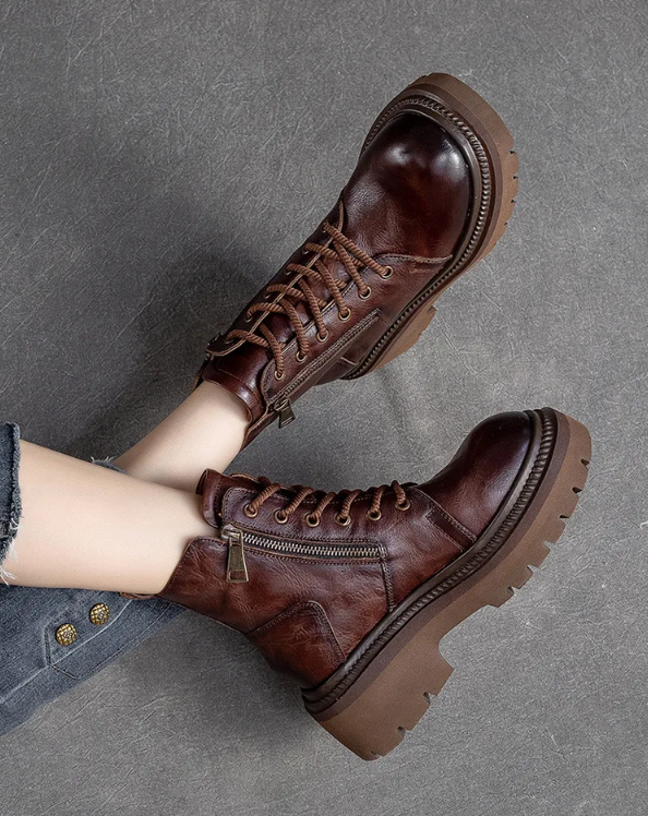 Coffee Cow Leather Quality Women Boots Autumn Winter Square Med Heel Ankle Boots Lace Up Zipper Ladies Pumps