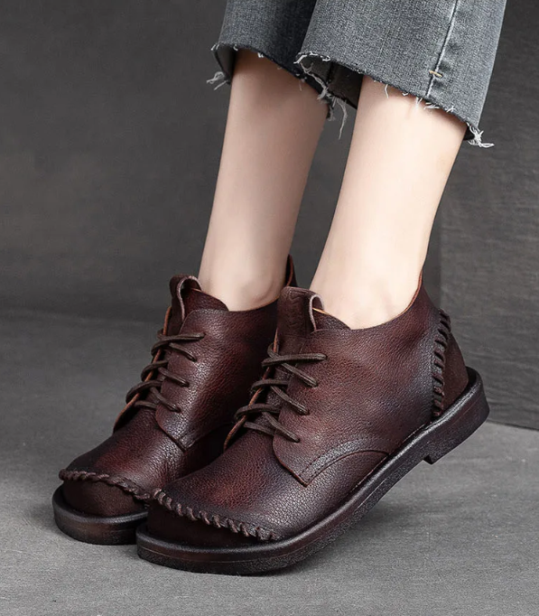 Coffee Square Toe Lace Up Thick Soled Boots For Women Platform Ankle Boots Genuine Leather Autumn Luxury Sewing Causal Shoes