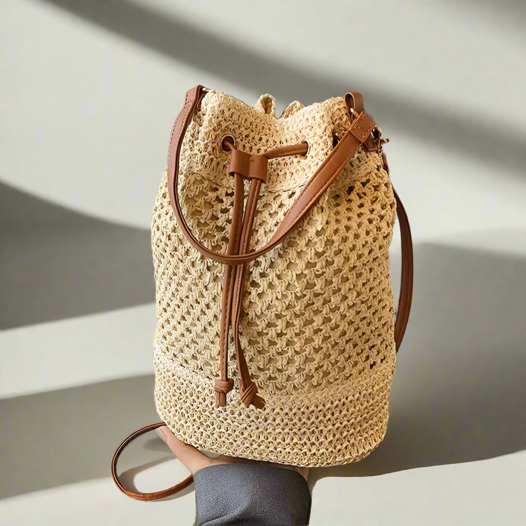 Woven Straw Bag Ladies Bucket Crossbody Bag | Summer Beach Bag Retro Travel Shoulder Bags | Small Travel Purse and Handbag For Women |