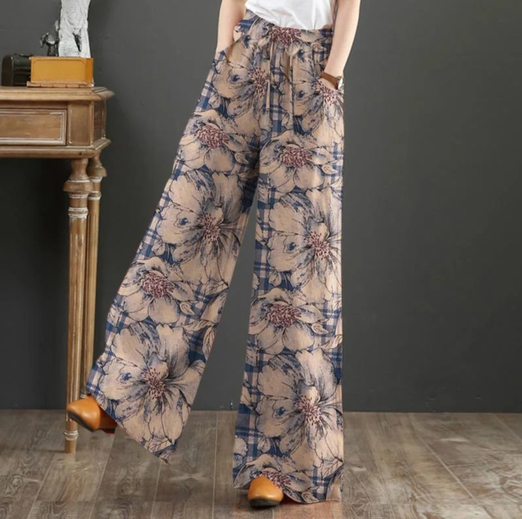 Blue Bohemian Floral Printed Long Trousers Women Elastic Waist Vintage Wide Leg Pants Casual Loose Pantalon Holiday Palazzo