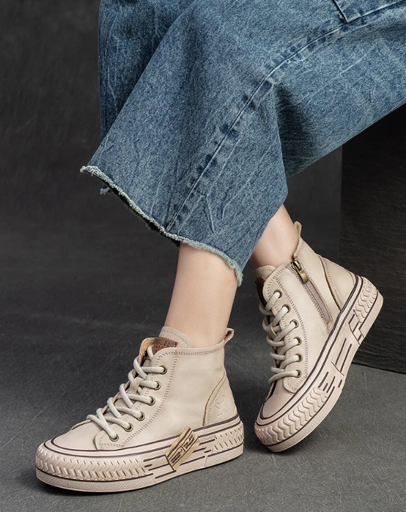 Beige Genuine Leather Sneakers Women Shoes Lace-up Sewing Flat Handmade Leisure Comfortable Ladies Shoes