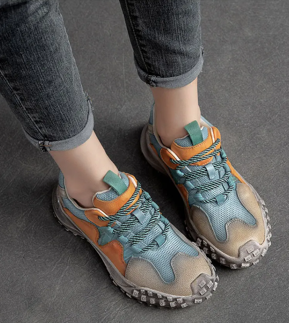 Retro Mix Blue Lace-up Shoes Women Sneakers Genuine Leather Mixed Colors Handmade Comfortable Retro Platform Sneakers