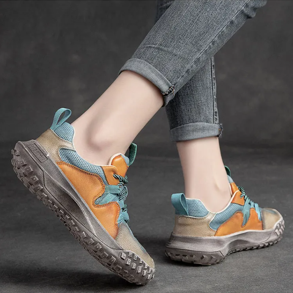 Retro Mix Blue Lace-up Shoes Women Sneakers Genuine Leather Mixed Colors Handmade Comfortable Retro Platform Sneakers