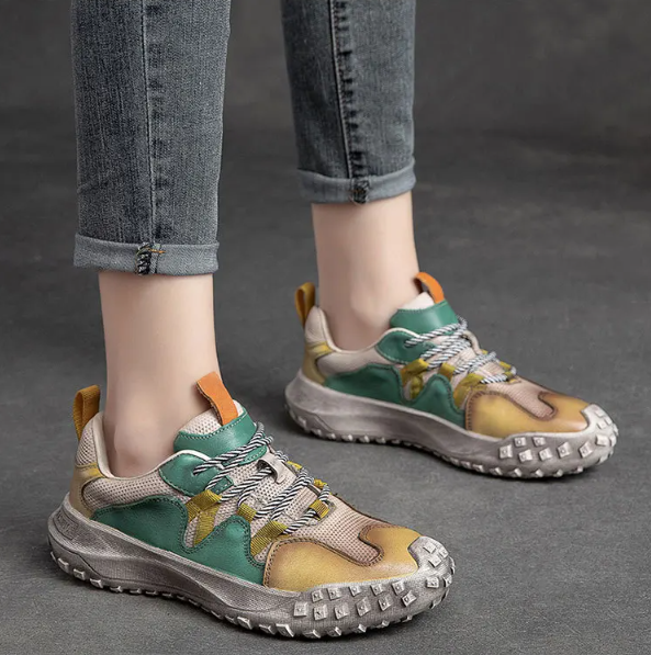 Retro Mix Green Lace-up Shoes Women Sneakers Genuine Leather Mixed Colors Handmade Comfortable Retro Platform Sneakers