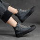 Retro Blue Lace-up Flat Platform Shoes Genuine Leather Thick Soled Round Toe Casual Women's Shoes