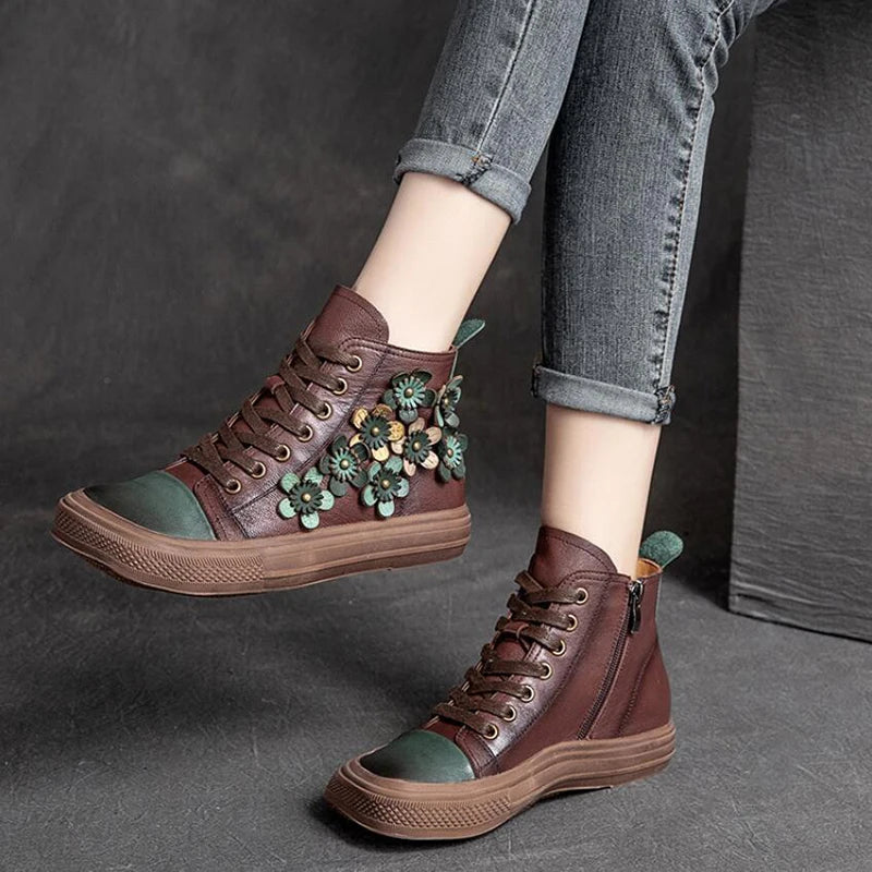 Brown Retro Lady Flat Boots Lace UP Flower Designer Woman Fashion Shoes Genuine Leather Vintage Forest Boots Ankle Shoes