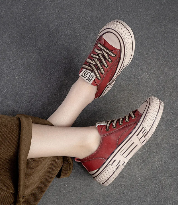 Red Genuine Leather Women Shoes Sneakers Lace-up Sewing Flat Handmade Leisure Comfortable Ladies Shoes