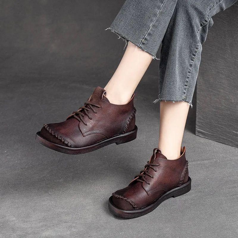 Coffee Square Toe Lace Up Thick Soled Boots For Women Platform Ankle Boots Genuine Leather Autumn Luxury Sewing Causal Shoes