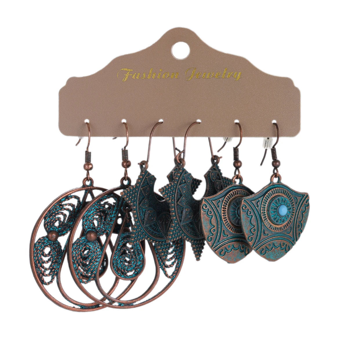 3-Pair Set Ethnic Bronze Round Geometric Dangle Earrings Set Women's Fashion Carved Hollow Design Indian Earrings Jewelry Brincos