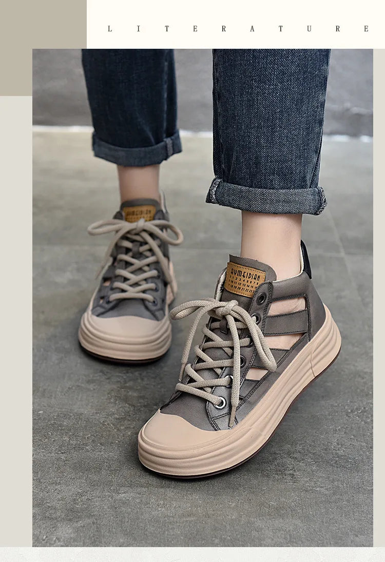 Gray Retro Genuine Leather Hollow Sandals Summer Round Toe Lace-up Casual Women Breathable Vulcanize Shoes