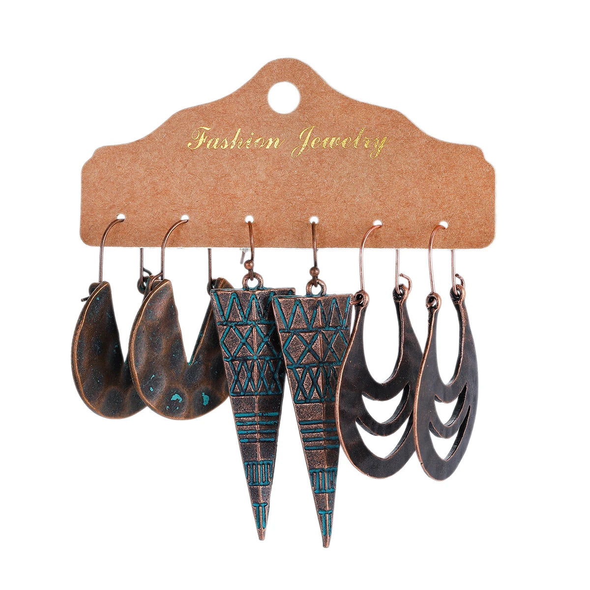 3-Pair Set Ethnic Bronze Round Geometric Dangle Earrings Set Women's Fashion Carved Hollow Design Indian Earrings Jewelry Brincos