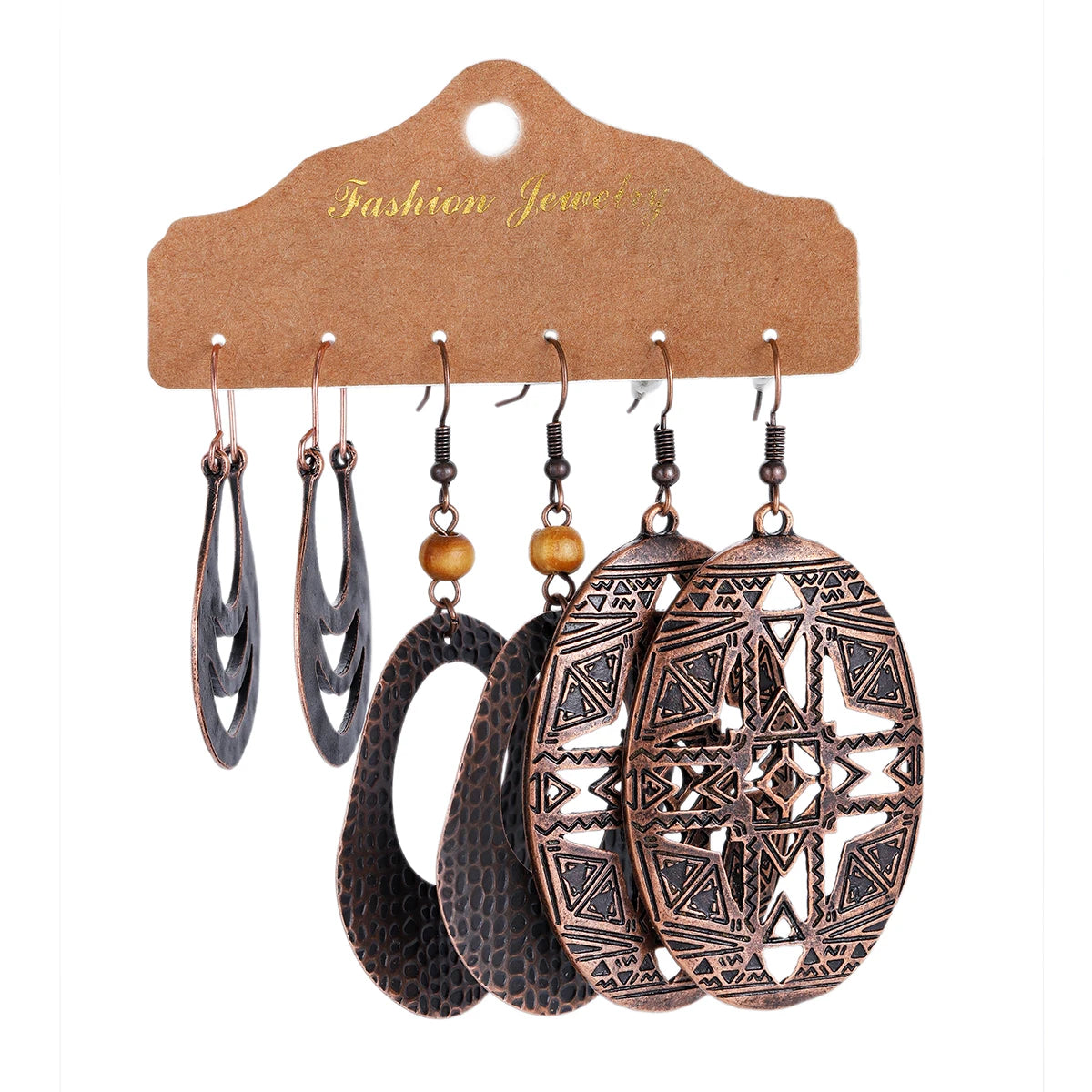 3-Pair Set Ethnic Bronze Round Geometric Dangle Earrings Set Women's Fashion Carved Hollow Design Indian Earrings Jewelry Brincos