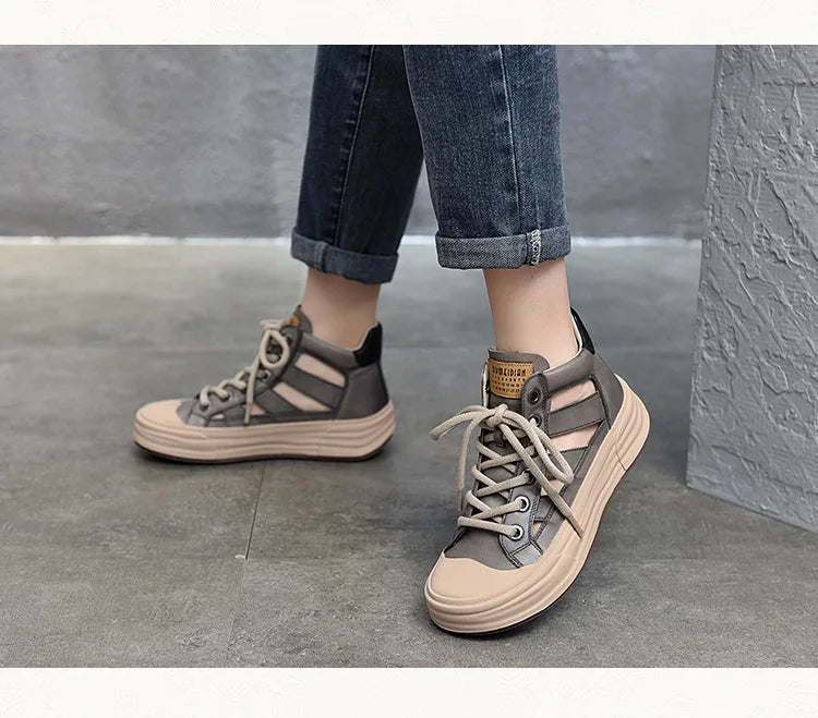 Gray Retro Genuine Leather Hollow Sandals Summer Round Toe Lace-up Casual Women Breathable Vulcanize Shoes