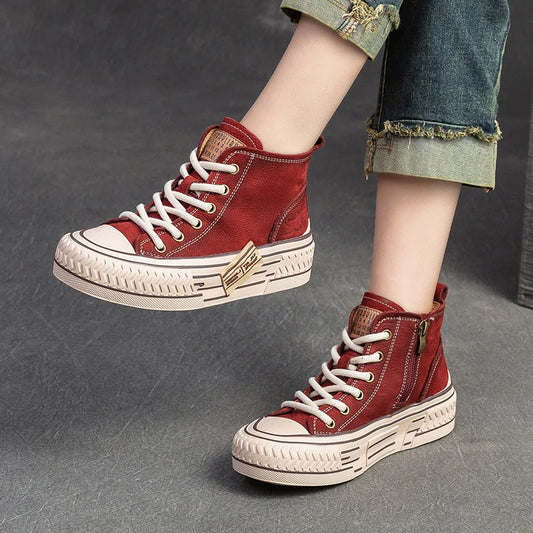 Red Genuine Leather Sneakers Women Shoes Lace-up Sewing Flat Handmade Leisure Comfortable Ladies Shoes