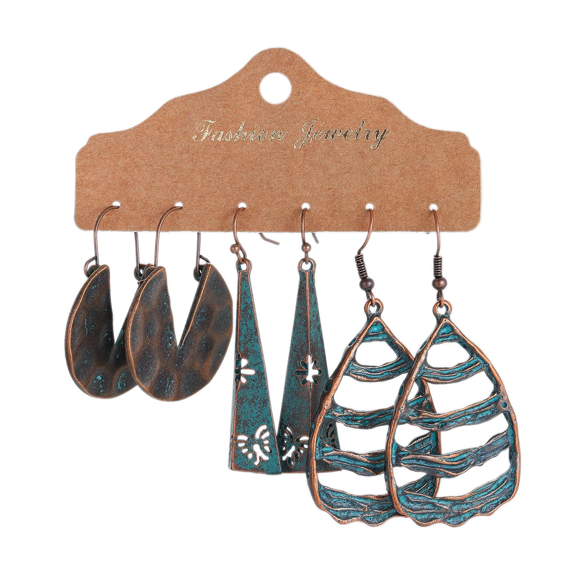 3-Pair Set Ethnic Bronze Round Geometric Dangle Earrings Set Women's Fashion Carved Hollow Design Indian Earrings Jewelry Brincos