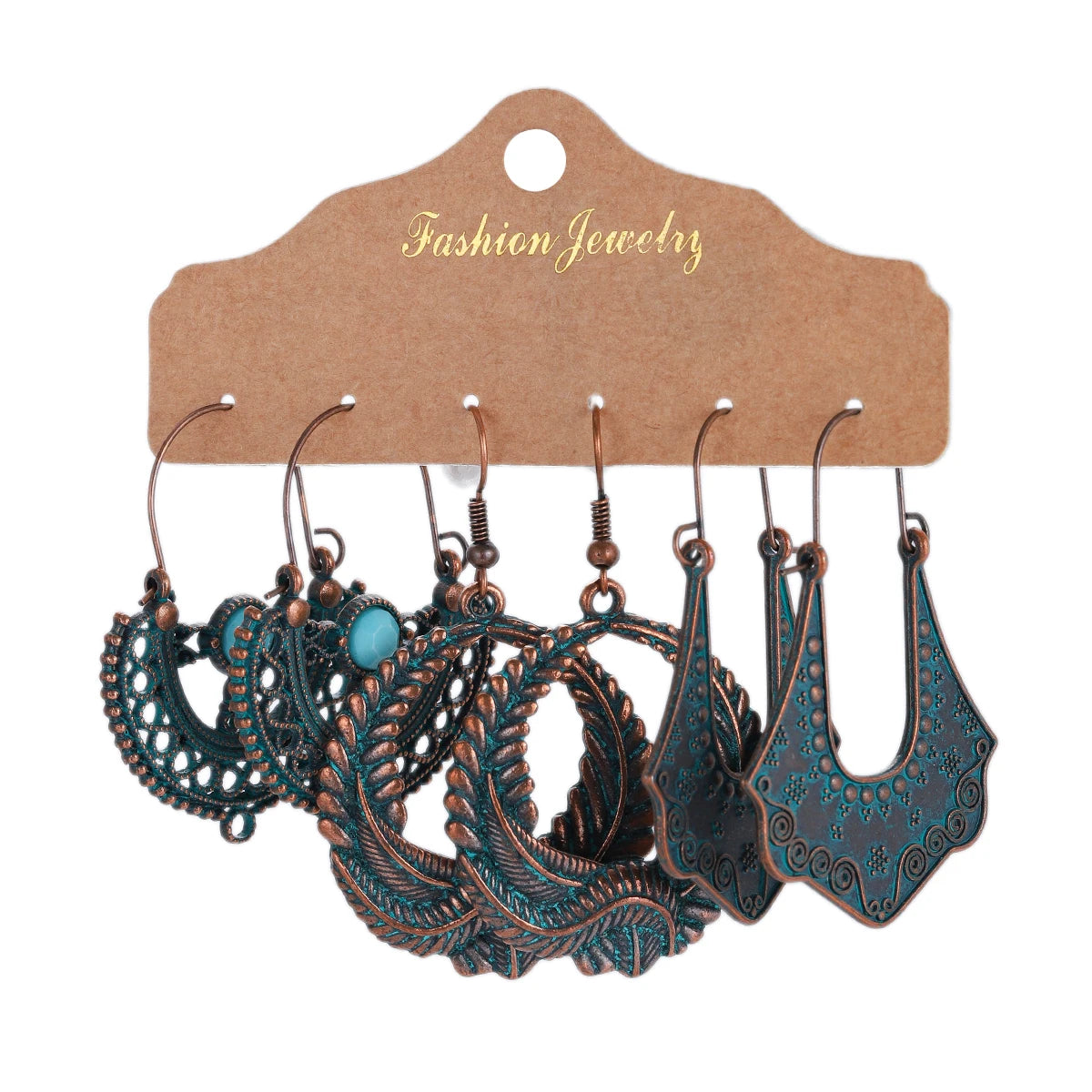 3-Pair Set Ethnic Bronze Round Geometric Dangle Earrings Set Women's Fashion Carved Hollow Design Indian Earrings Jewelry Brincos