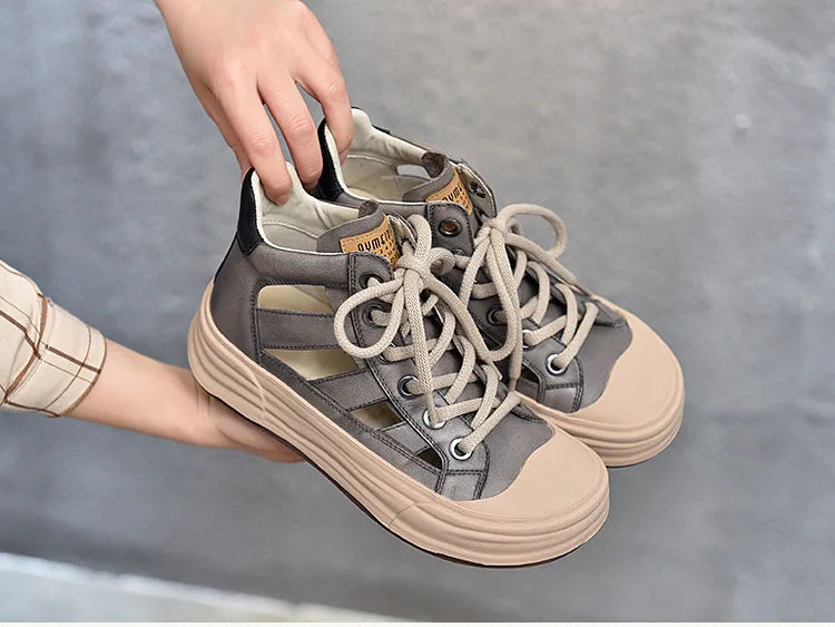 Gray Retro Genuine Leather Hollow Sandals Summer Round Toe Lace-up Casual Women Breathable Vulcanize Shoes