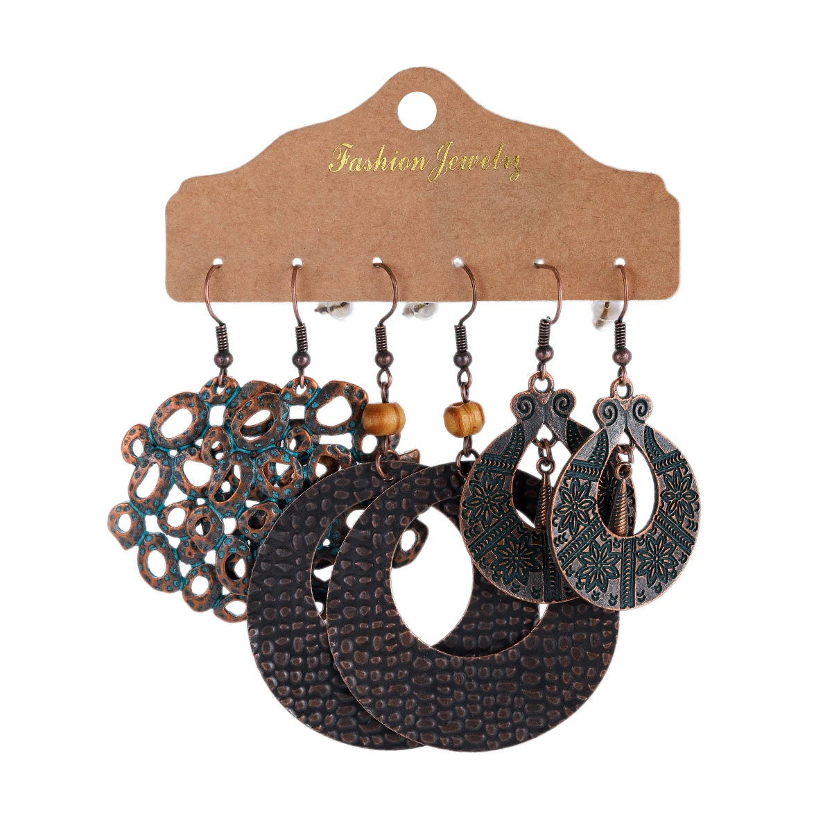 3-Pair Set Ethnic Bronze Round Geometric Dangle Earrings Set Women's Fashion Carved Hollow Design Indian Earrings Jewelry Brincos