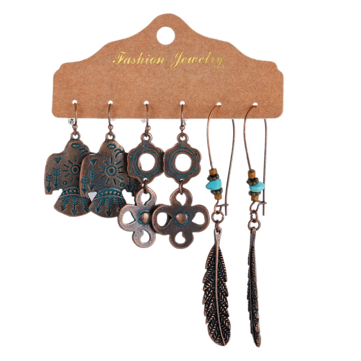 3-Pair Set Ethnic Bronze Round Geometric Dangle Earrings Set Women's Fashion Carved Hollow Design Indian Earrings Jewelry Brincos