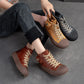 Retro Yellow Lace-up Flat Platform Shoes Genuine Leather Thick Soled Round Toe Casual Women's Shoes