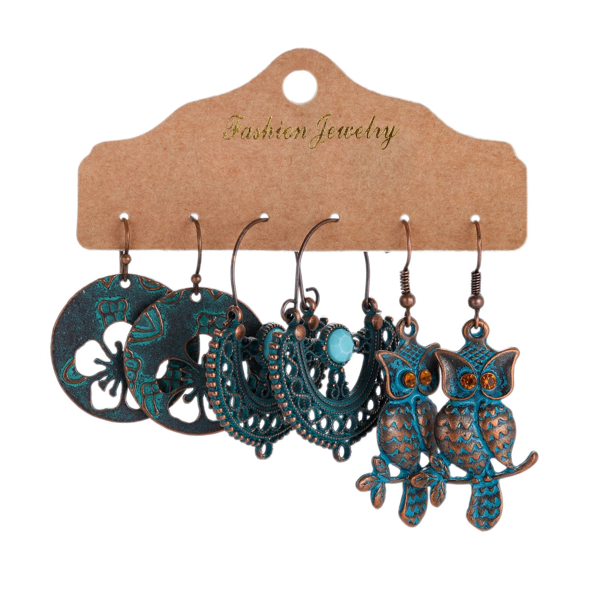 3-Pair Set Ethnic Bronze Round Geometric Dangle Earrings Set Women's Fashion Carved Hollow Design Indian Earrings Jewelry Brincos