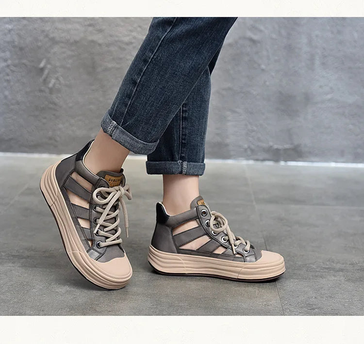 Gray Retro Genuine Leather Hollow Sandals Summer Round Toe Lace-up Casual Women Breathable Vulcanize Shoes