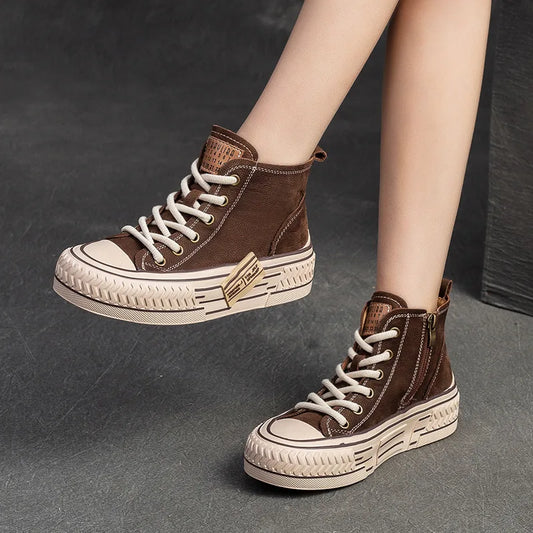 Brown Genuine Leather Sneakers Women Shoes Lace-up Sewing Flat Handmade Leisure Comfortable Ladies Shoes