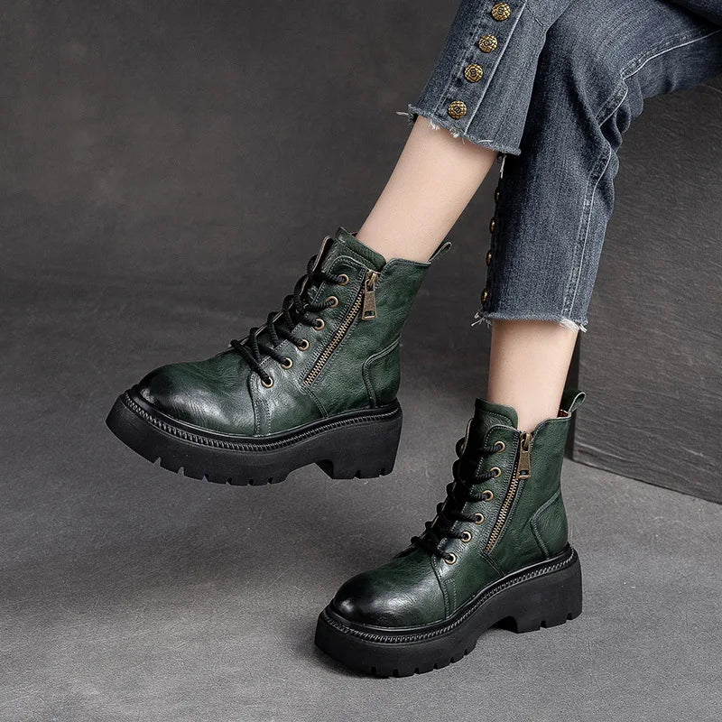 Moss Green Cow Leather Quality Women Shoes Autumn Winter Square Med Heel Ankle Boots Lace Up Zipper Ladies Pumps