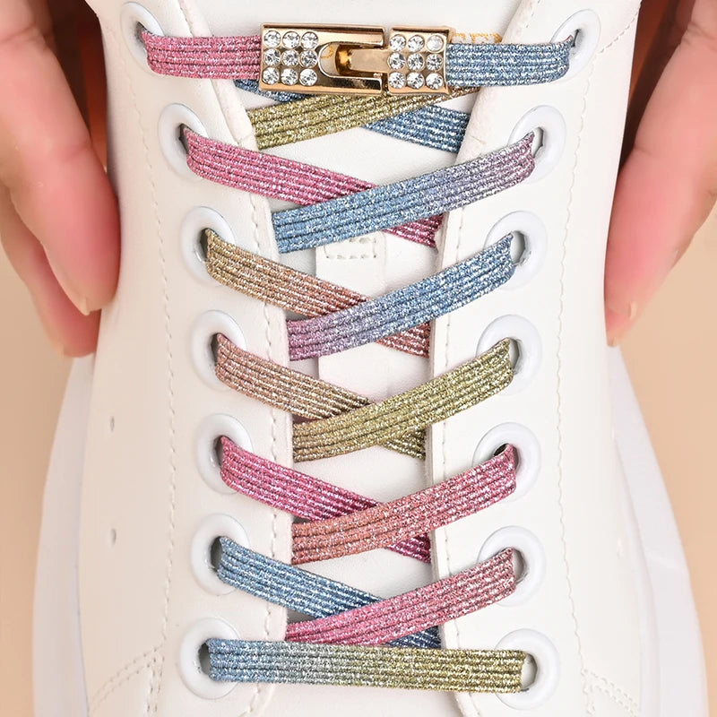 No Tie Shoelaces | Glitter Elastic Tieless Shoelaces with Sparkling Buckle | Colorful Fashion Shoelaces for Kids and Adults