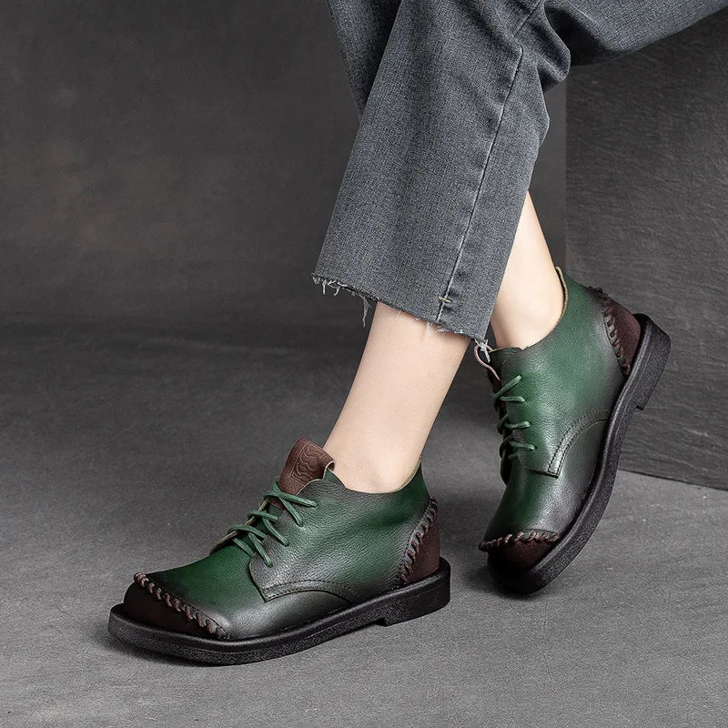 Green Square Toe Lace Up Thick Soled Boots For Women Platform Ankle Boots Genuine Leather Autumn Luxury Sewing Causal Shoes