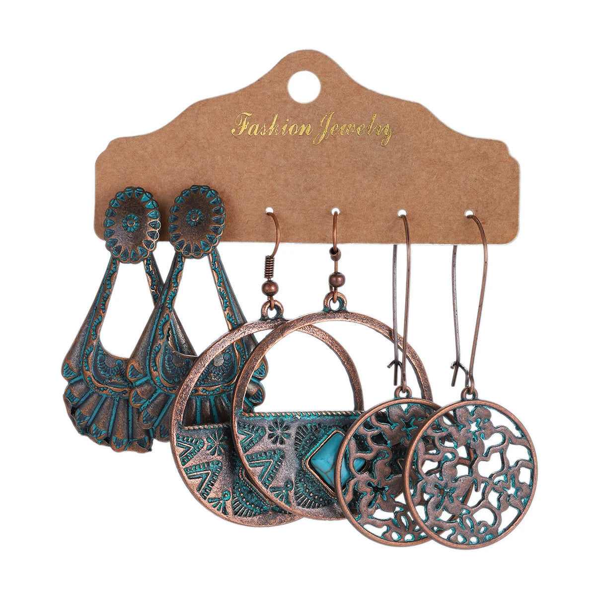 3-Pair Set Ethnic Bronze Round Geometric Dangle Earrings Set Women's Fashion Carved Hollow Design Indian Earrings Jewelry Brincos