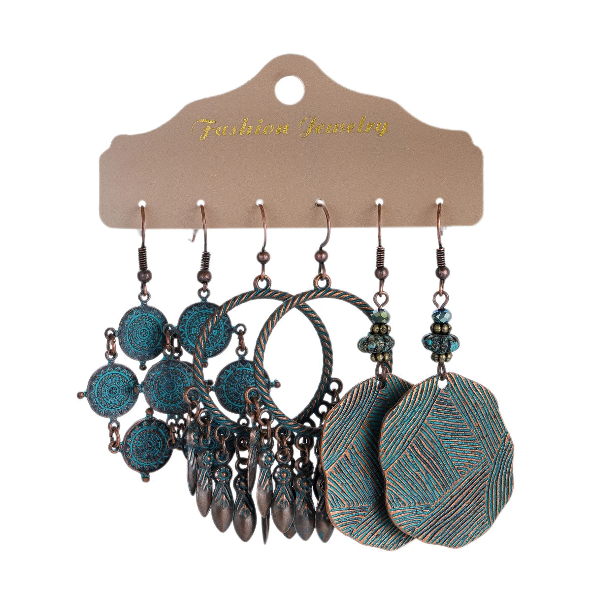 3-Pair Set Ethnic Bronze Round Geometric Dangle Earrings Set Women's Fashion Carved Hollow Design Indian Earrings Jewelry Brincos