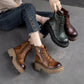 Coffee Cow Leather Quality Women Boots Autumn Winter Square Med Heel Ankle Boots Lace Up Zipper Ladies Pumps