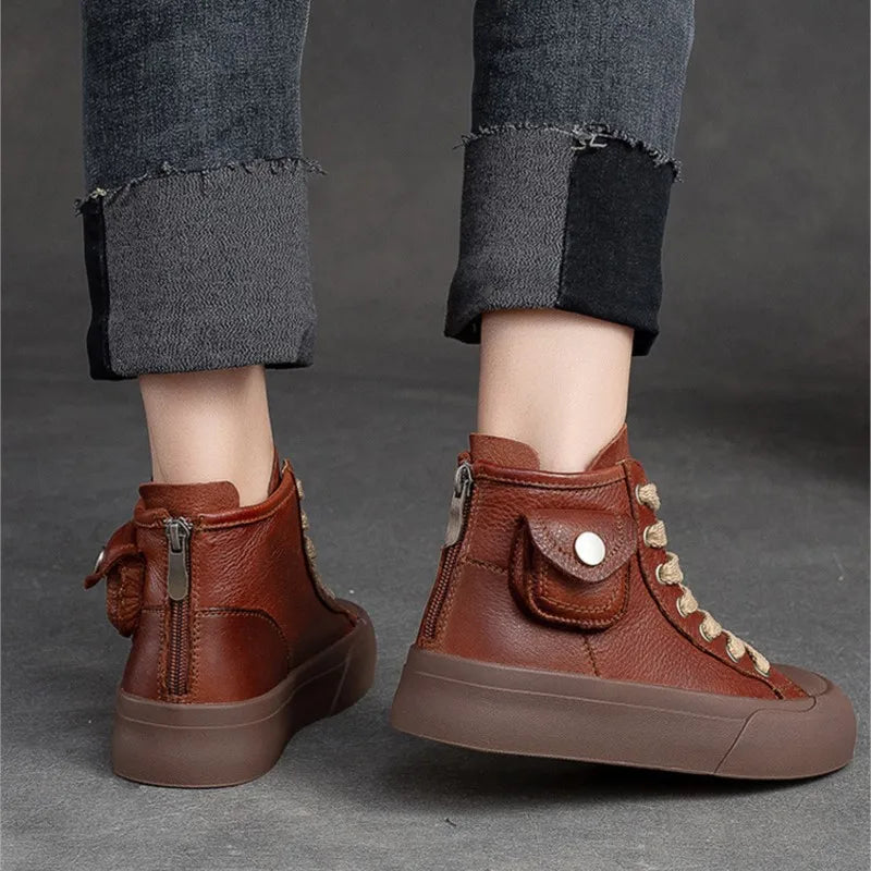 Retro Brown Lace-up Flat Platform Shoes Genuine Leather Thick Soled Round Toe Casual Women's Shoes