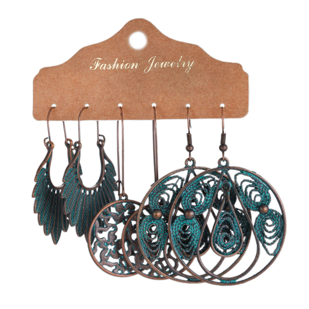 3-Pair Set Ethnic Bronze Round Geometric Dangle Earrings Set Women's Fashion Carved Hollow Design Indian Earrings Jewelry Brincos