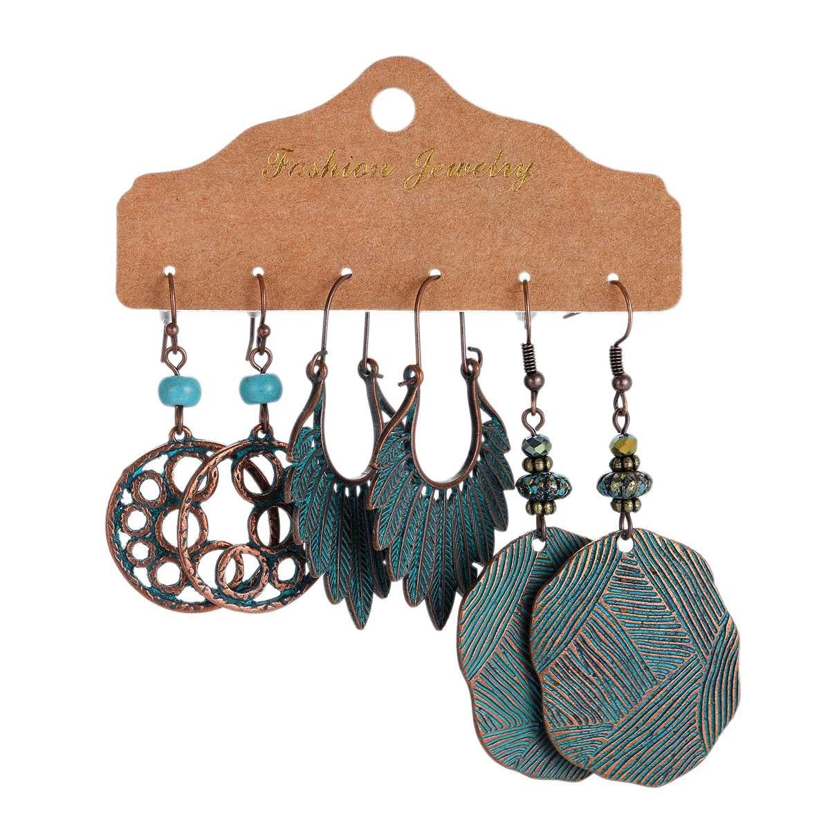 3-Pair Set Ethnic Bronze Round Geometric Dangle Earrings Set Women's Fashion Carved Hollow Design Indian Earrings Jewelry Brincos