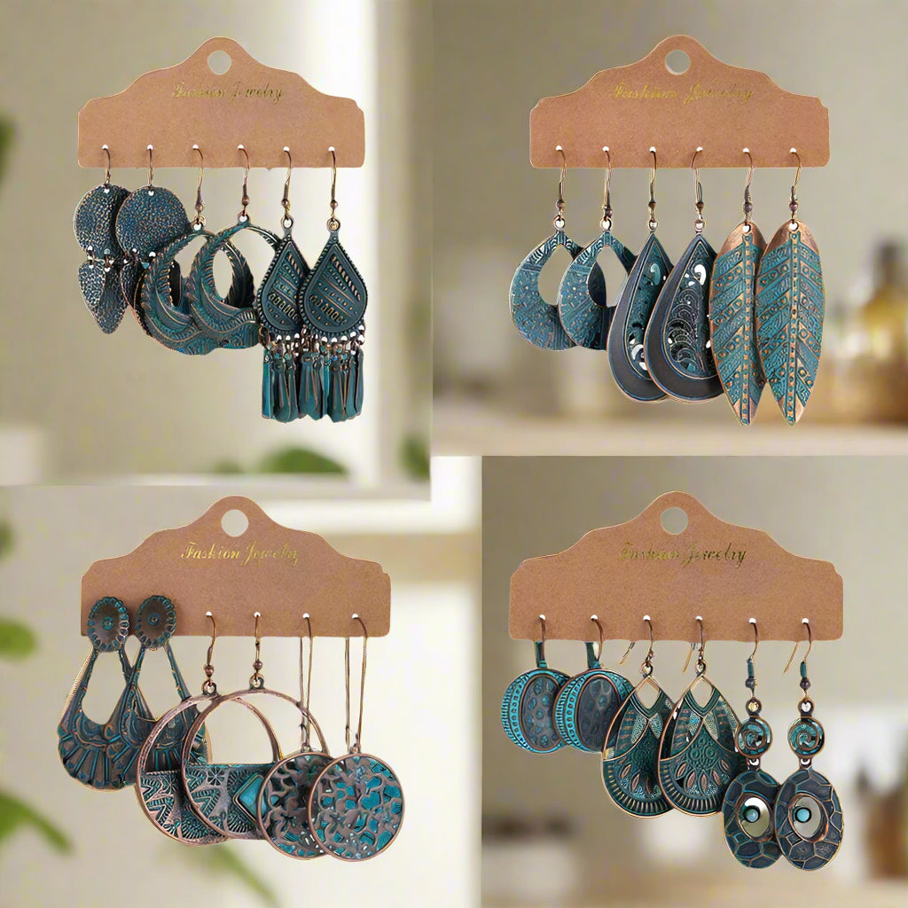 3-Pair Set Ethnic Bronze Round Geometric Dangle Earrings Set Women's Fashion Carved Hollow Design Indian Earrings Jewelry Brincos