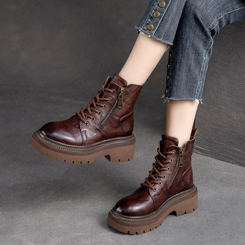 Coffee Cow Leather Quality Women Boots Autumn Winter Square Med Heel Ankle Boots Lace Up Zipper Ladies Pumps