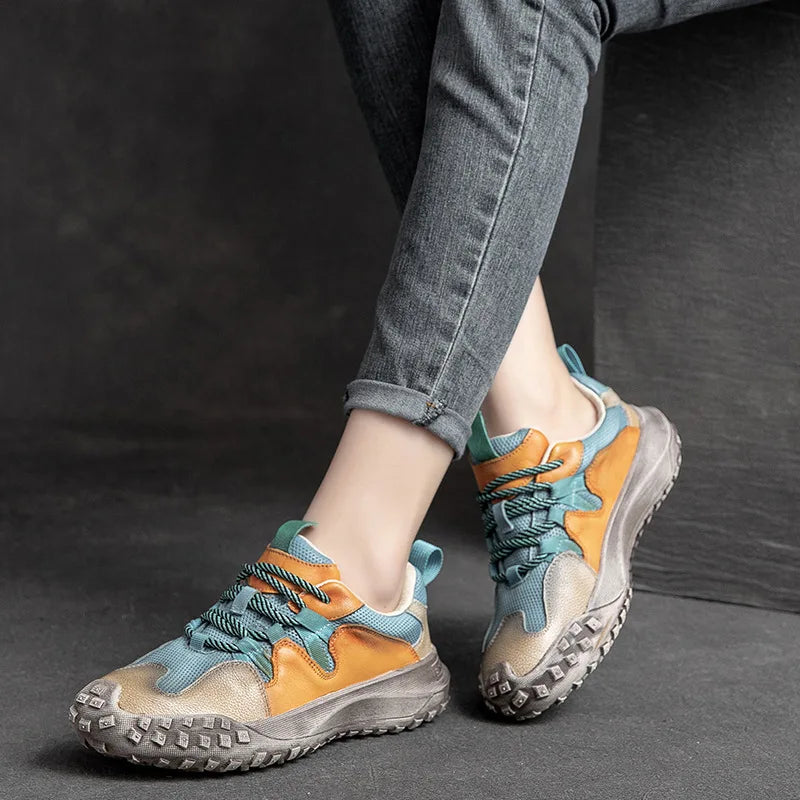 Retro Mix Blue Lace-up Shoes Women Sneakers Genuine Leather Mixed Colors Handmade Comfortable Retro Platform Sneakers