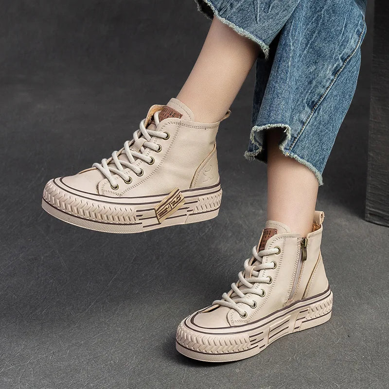 Beige Genuine Leather Sneakers Women Shoes Lace-up Sewing Flat Handmade Leisure Comfortable Ladies Shoes