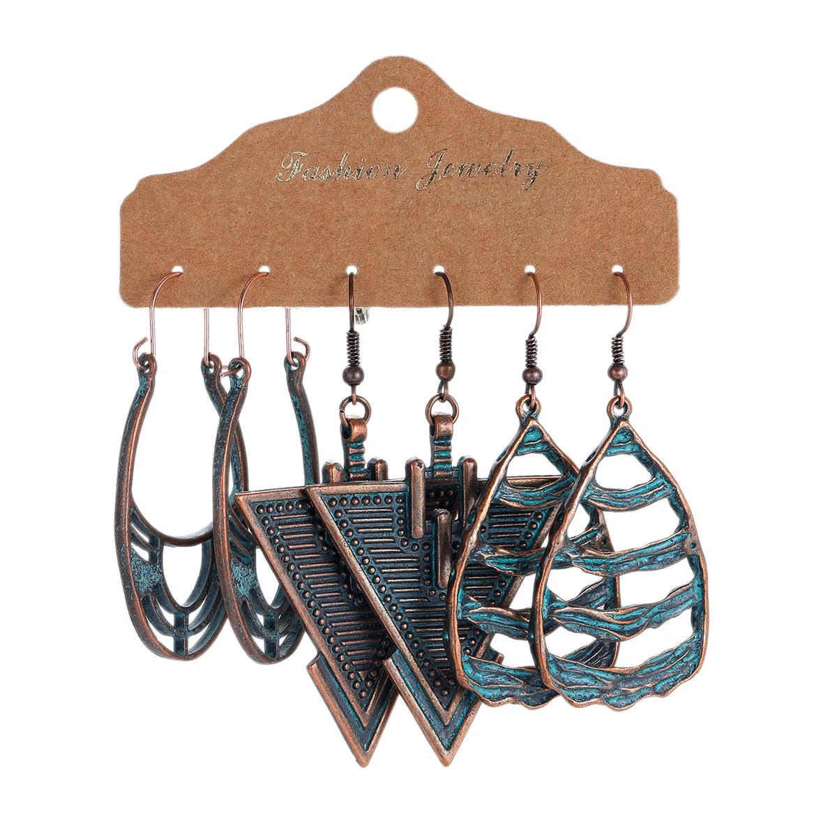 3-Pair Set Ethnic Bronze Round Geometric Dangle Earrings Set Women's Fashion Carved Hollow Design Indian Earrings Jewelry Brincos