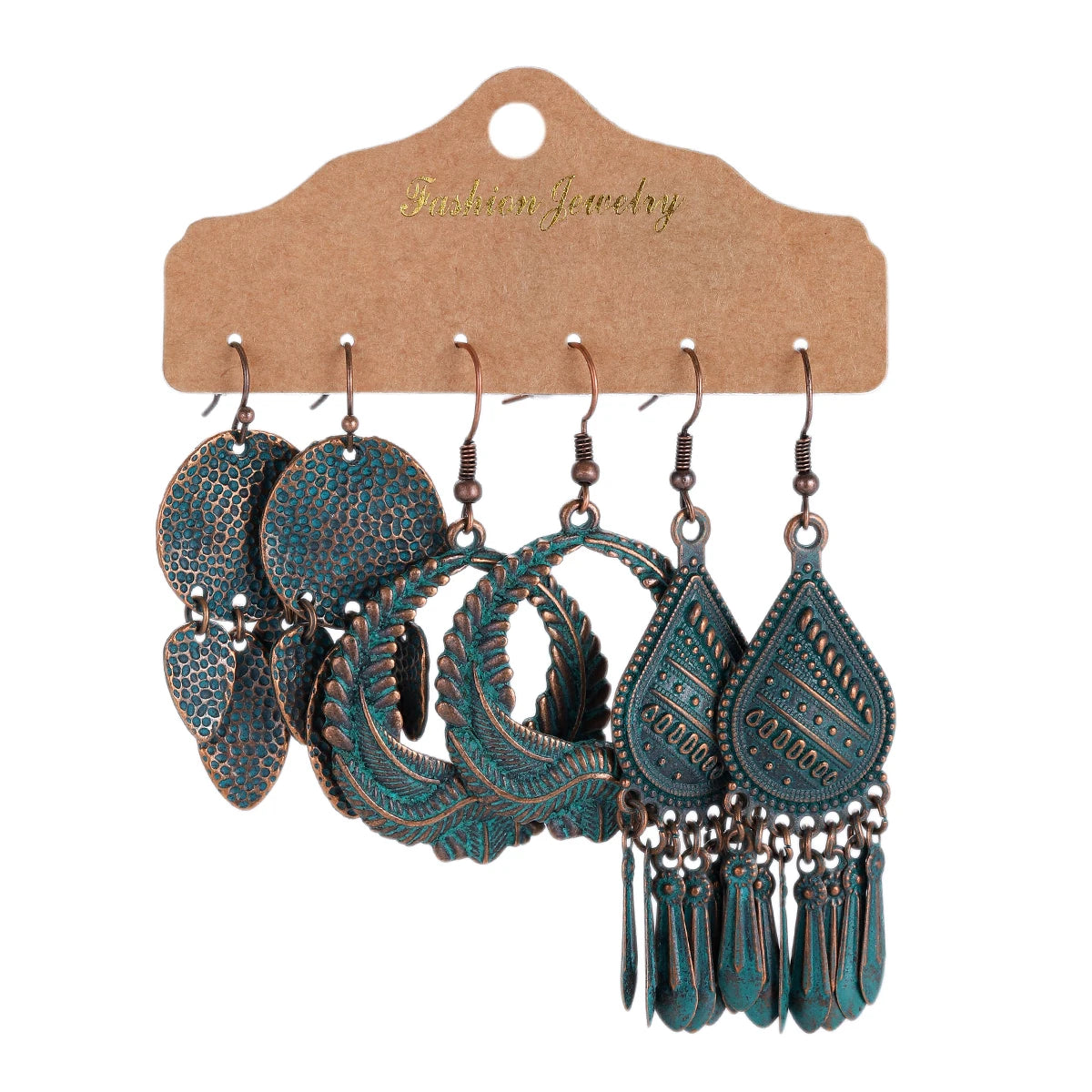 3-Pair Set Ethnic Bronze Round Geometric Dangle Earrings Set Women's Fashion Carved Hollow Design Indian Earrings Jewelry Brincos